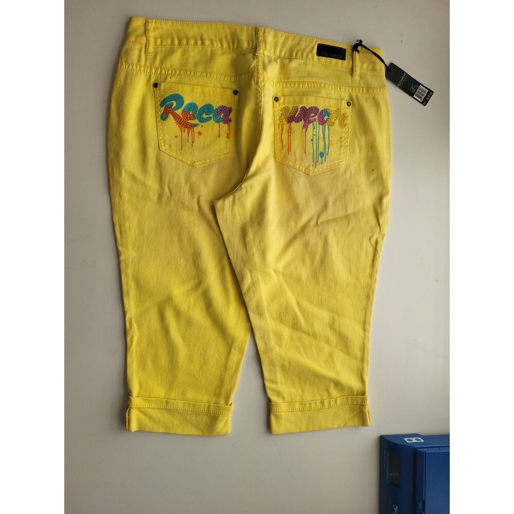 Y2K Rocawear Yellow Capri Jeans Rhinestones Pockets Rainbow